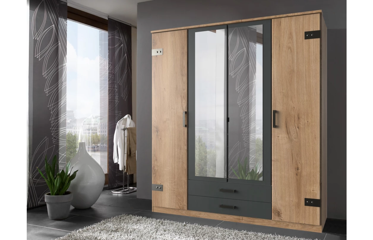 Šatní skříň se zrcadly Cork, 180 cm, prkenný dub/grafit 2